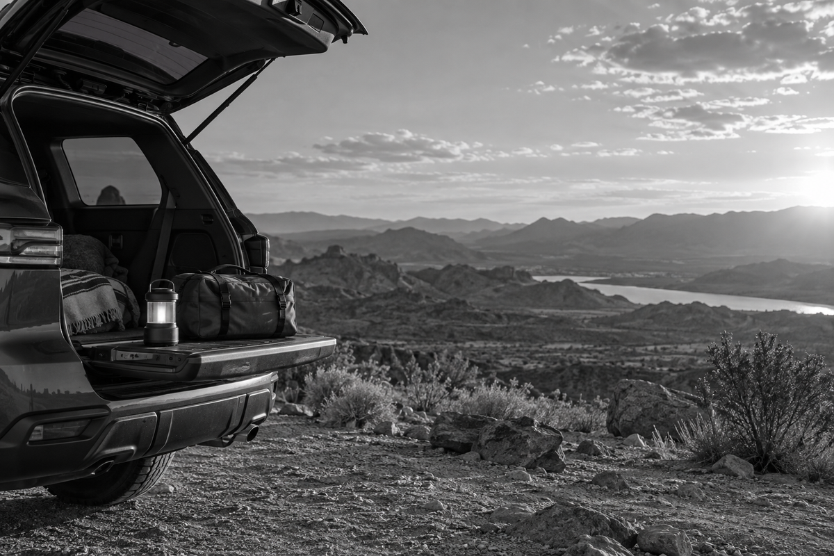 Editorial scene of travel essentials at a desert overlook