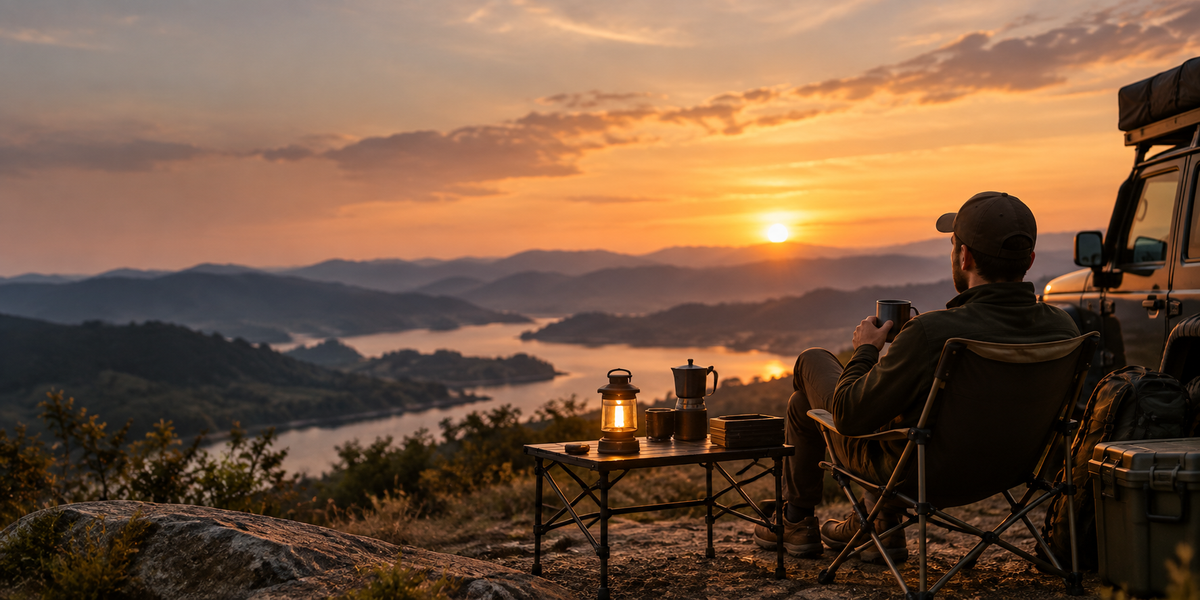 A camper overlooking a lake and mountains at sunset beside a lantern and off-road vehicle